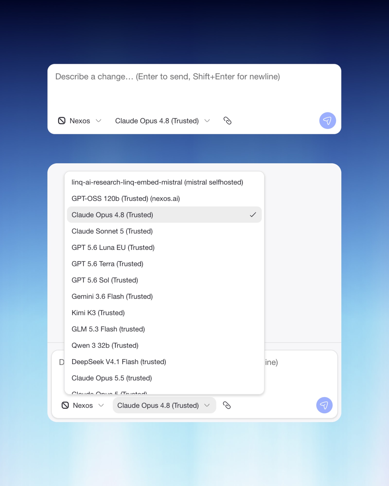 Aurora Riff chat for describing a change, with a model picker open