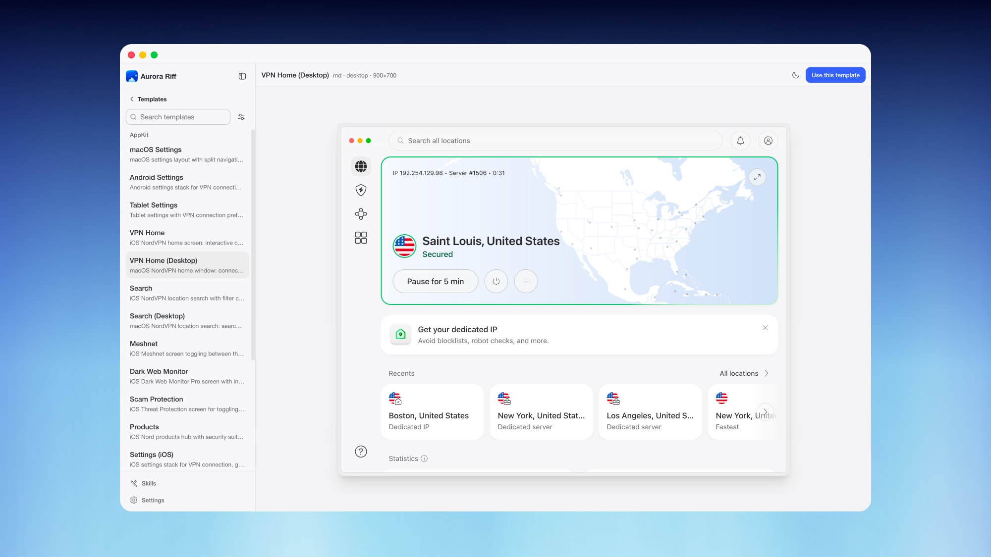 NordVPN macOS home screen in Aurora Riff, connected in Saint Louis