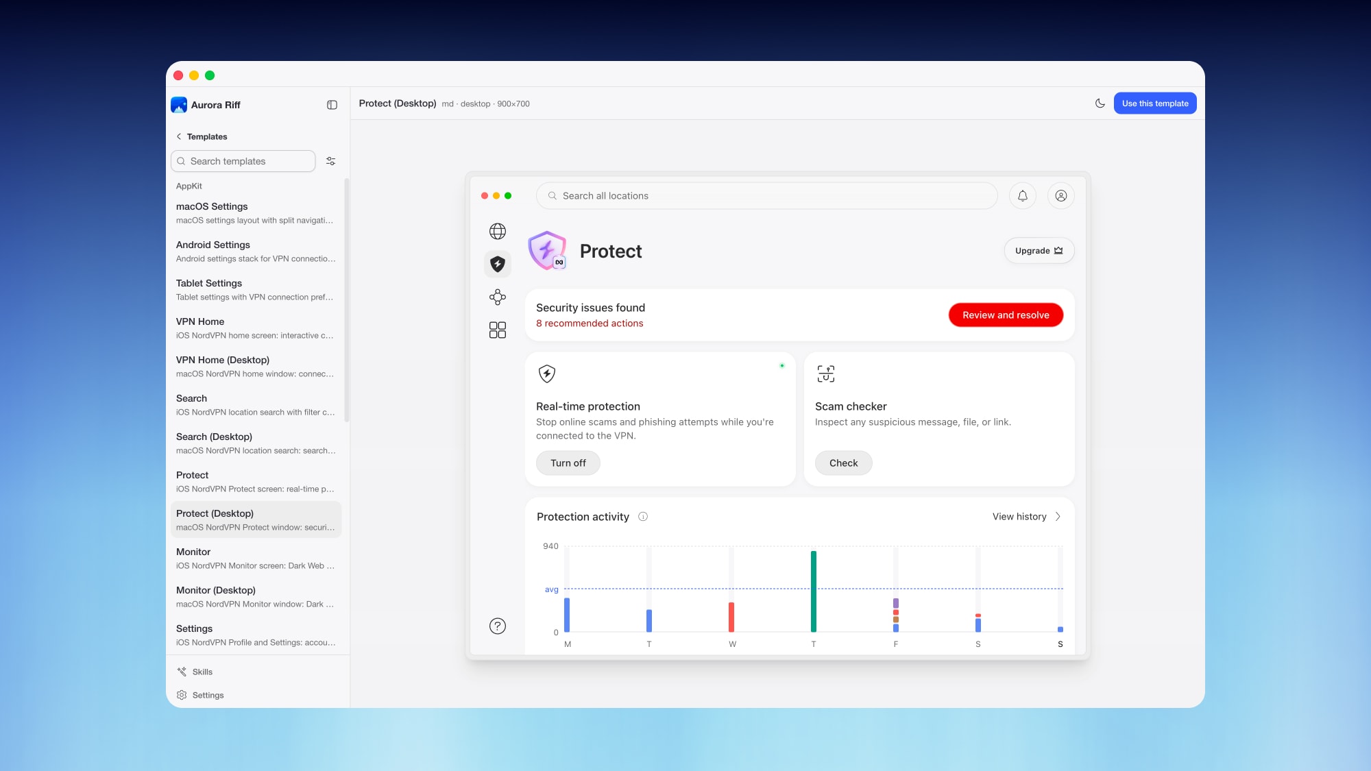 NordVPN Protect desktop screen in Aurora Riff, with security issues and protection activity