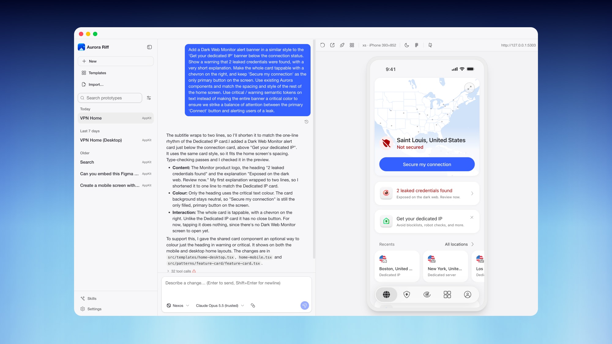 The same prompt after it adds a leaked-credentials alert to the NordVPN iPhone home