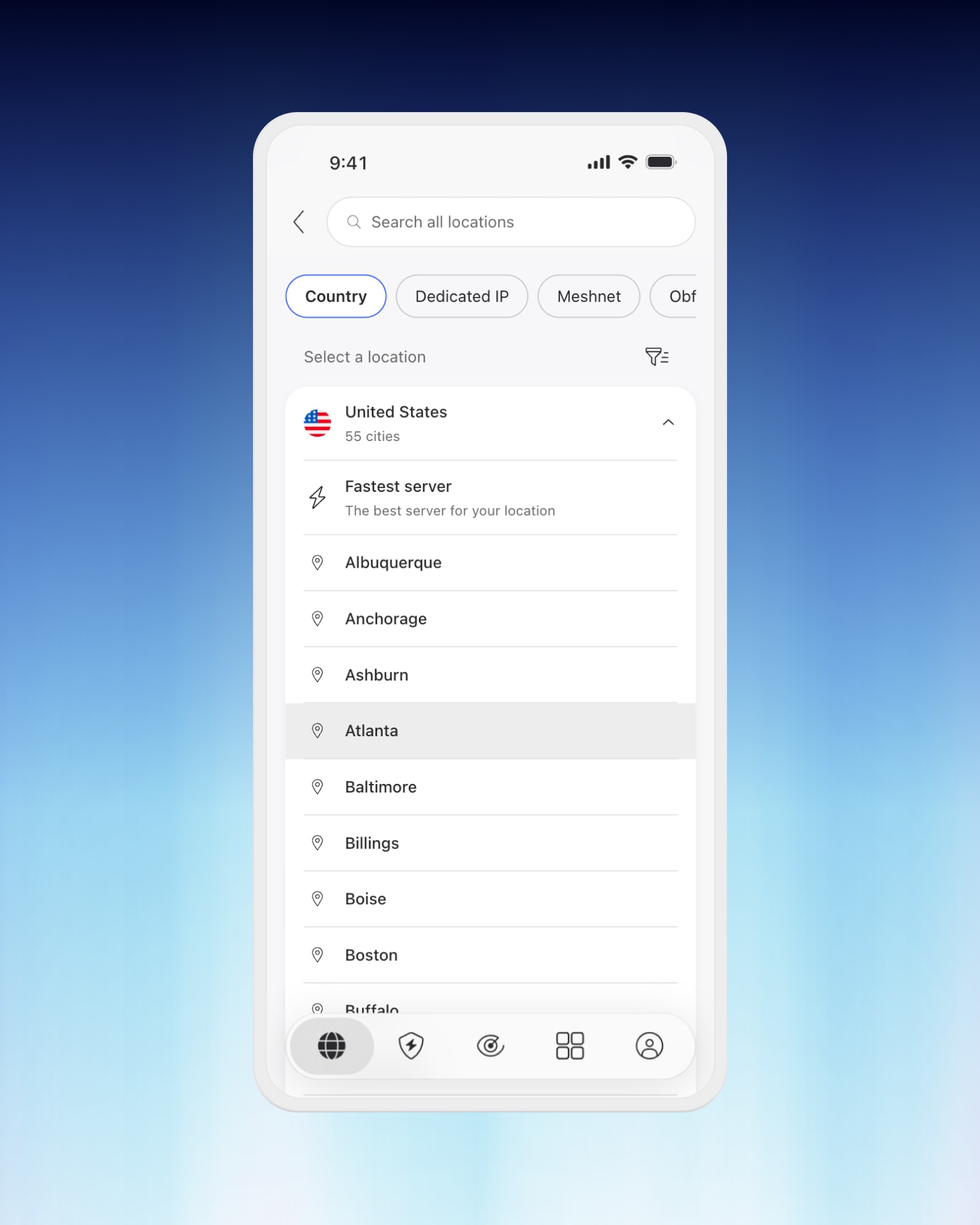 NordVPN location search with the United States expanded to its cities