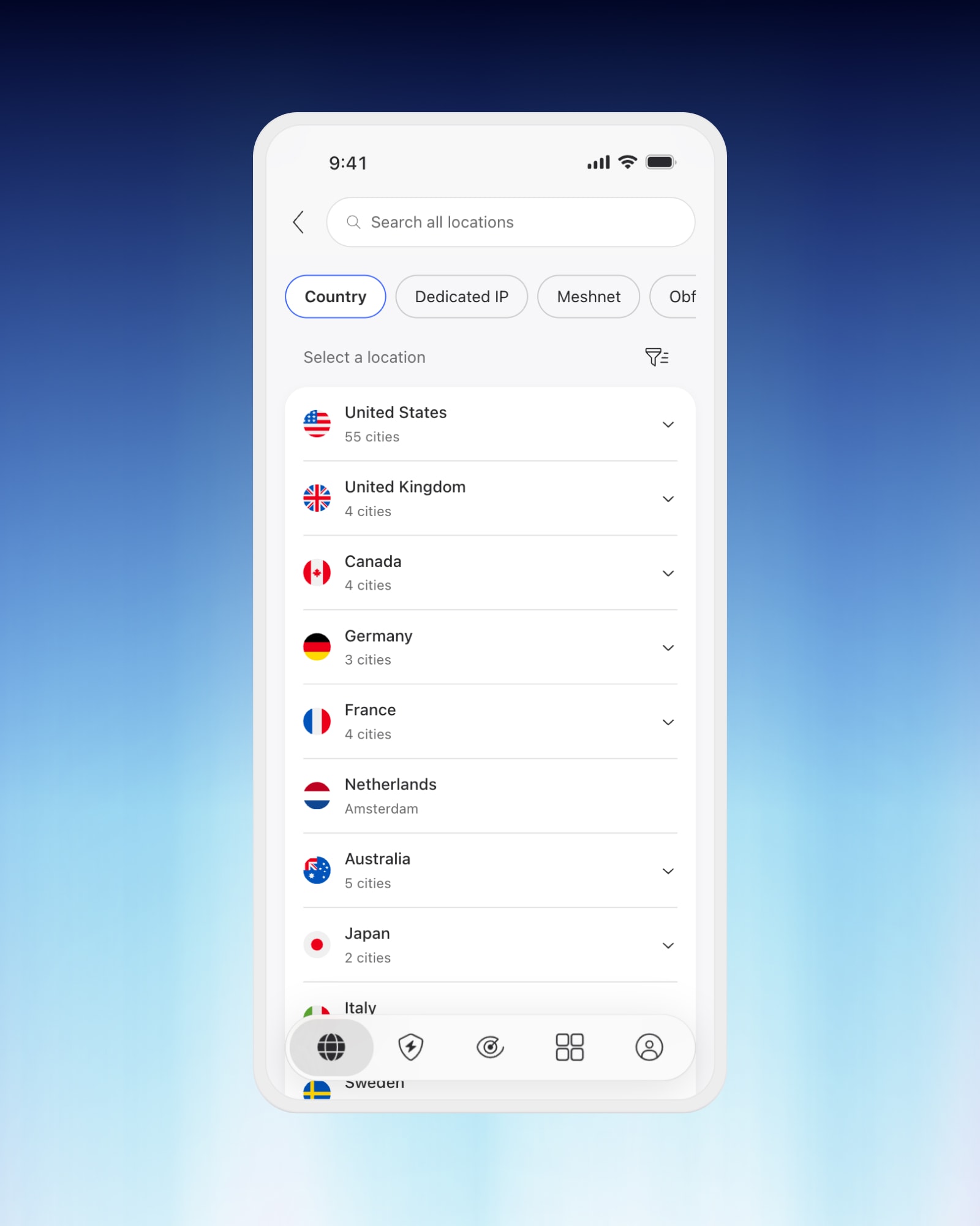 NordVPN location search listing countries and how many cities each has