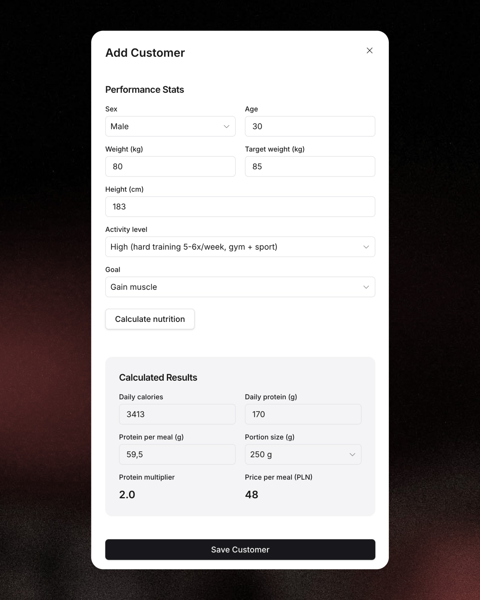 Braza add customer form with calculated calories, protein and price
