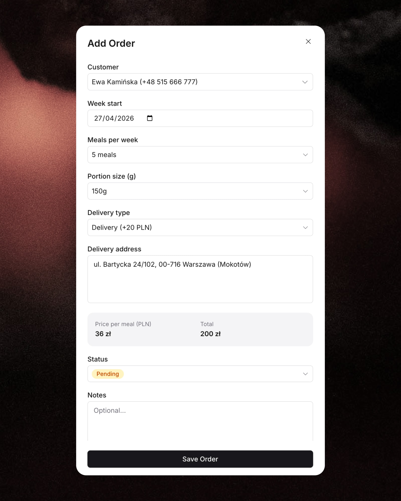 Braza add order form with meals, delivery and weekly total