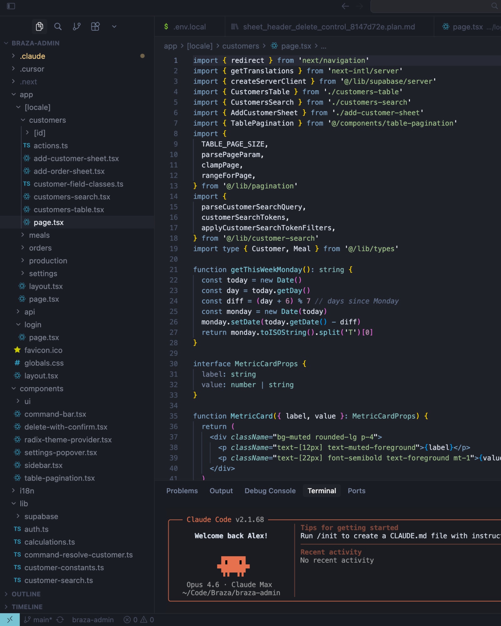 Braza customers page in Cursor, with locale routes and Claude Code