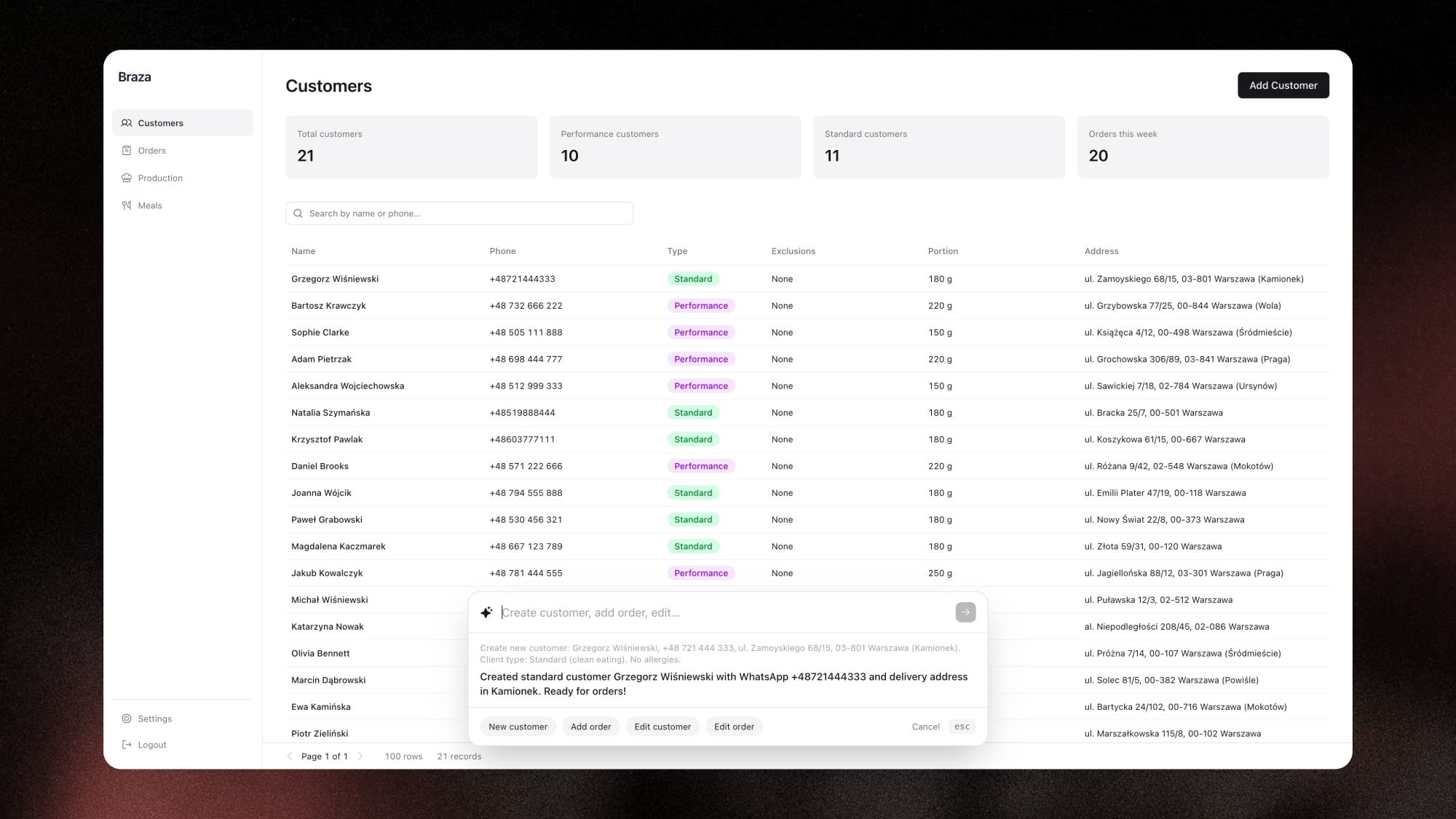 Braza customers list with a command bar for creating a customer