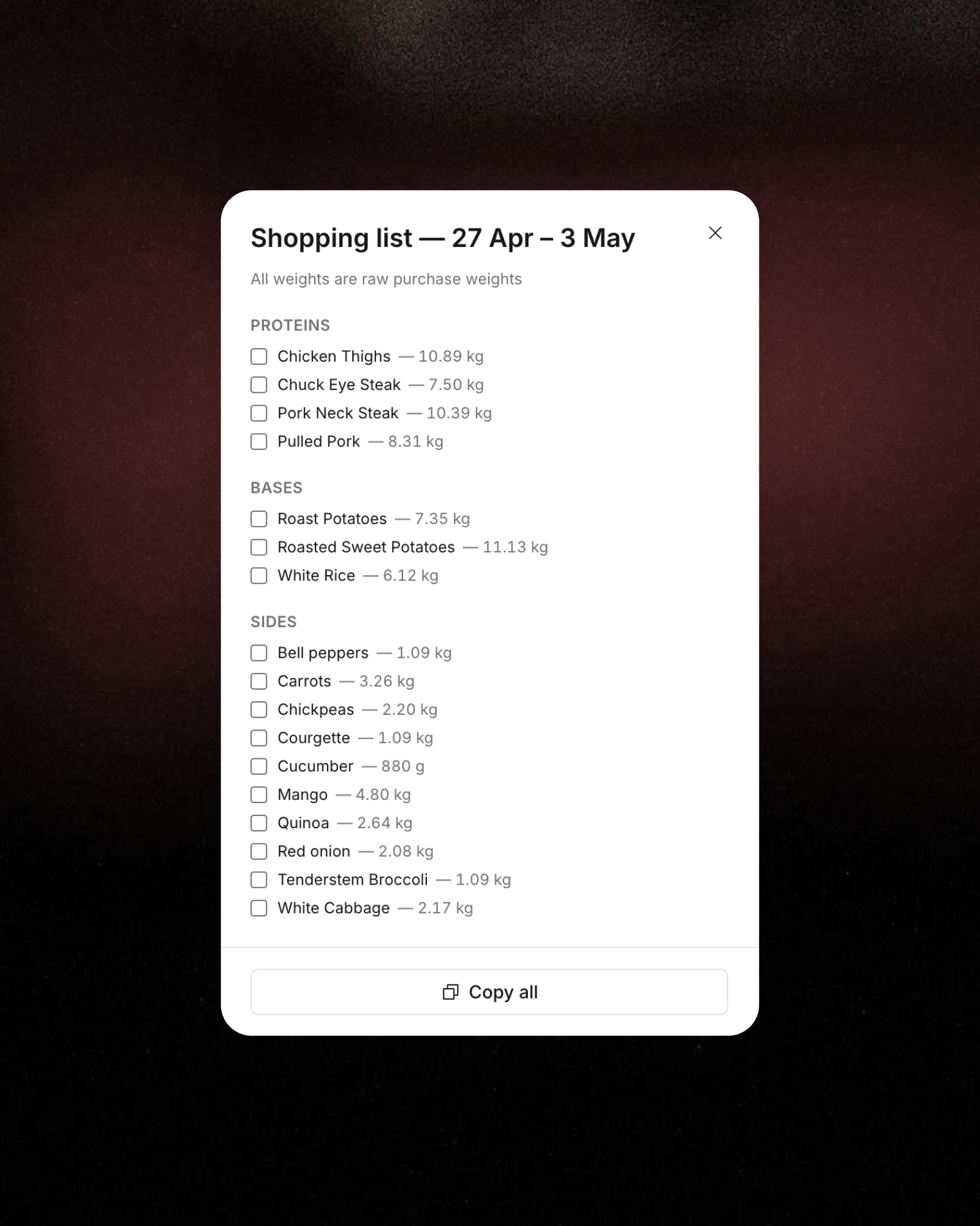 Braza shopping list with raw purchase weights for proteins, bases and sides