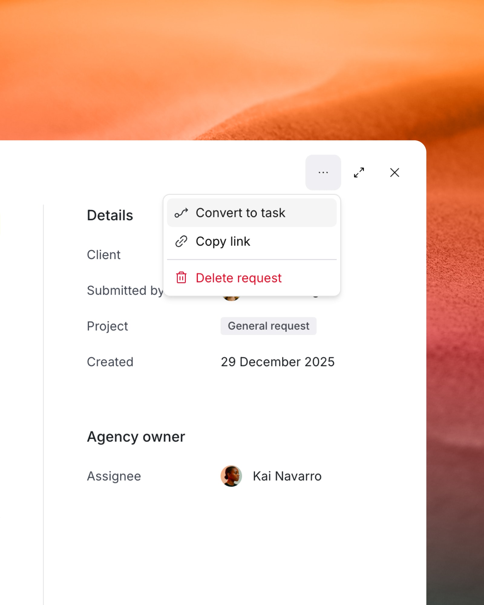 Fiive menu to convert a request into a task