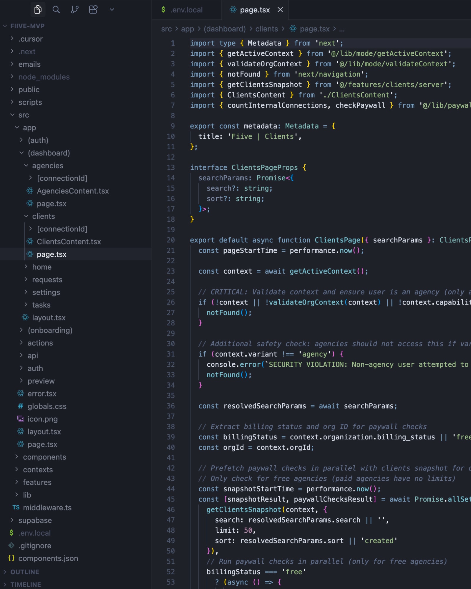 Fiive clients page in Cursor, checking organisation context before data loads