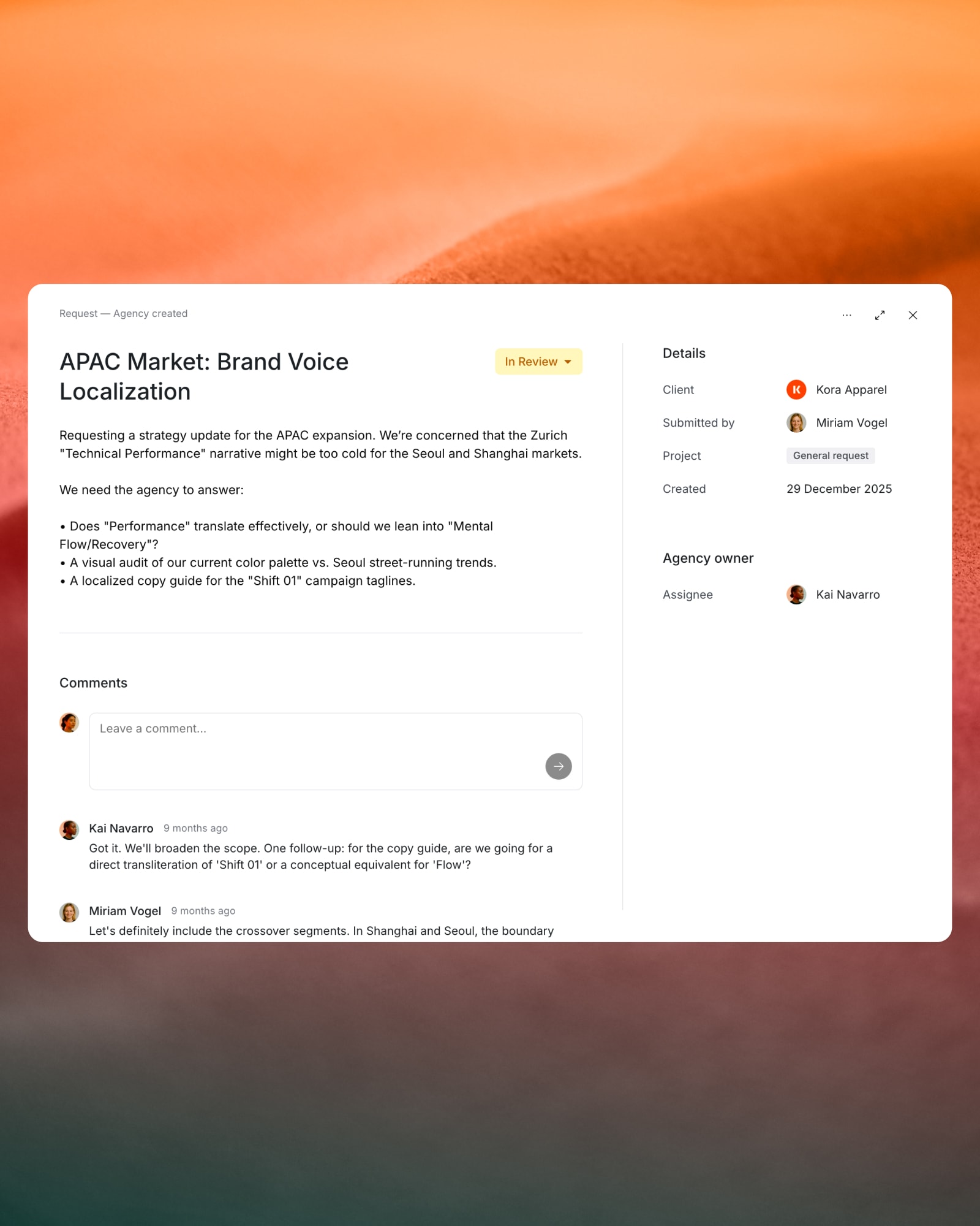 Fiive request detail with brief, status and comments