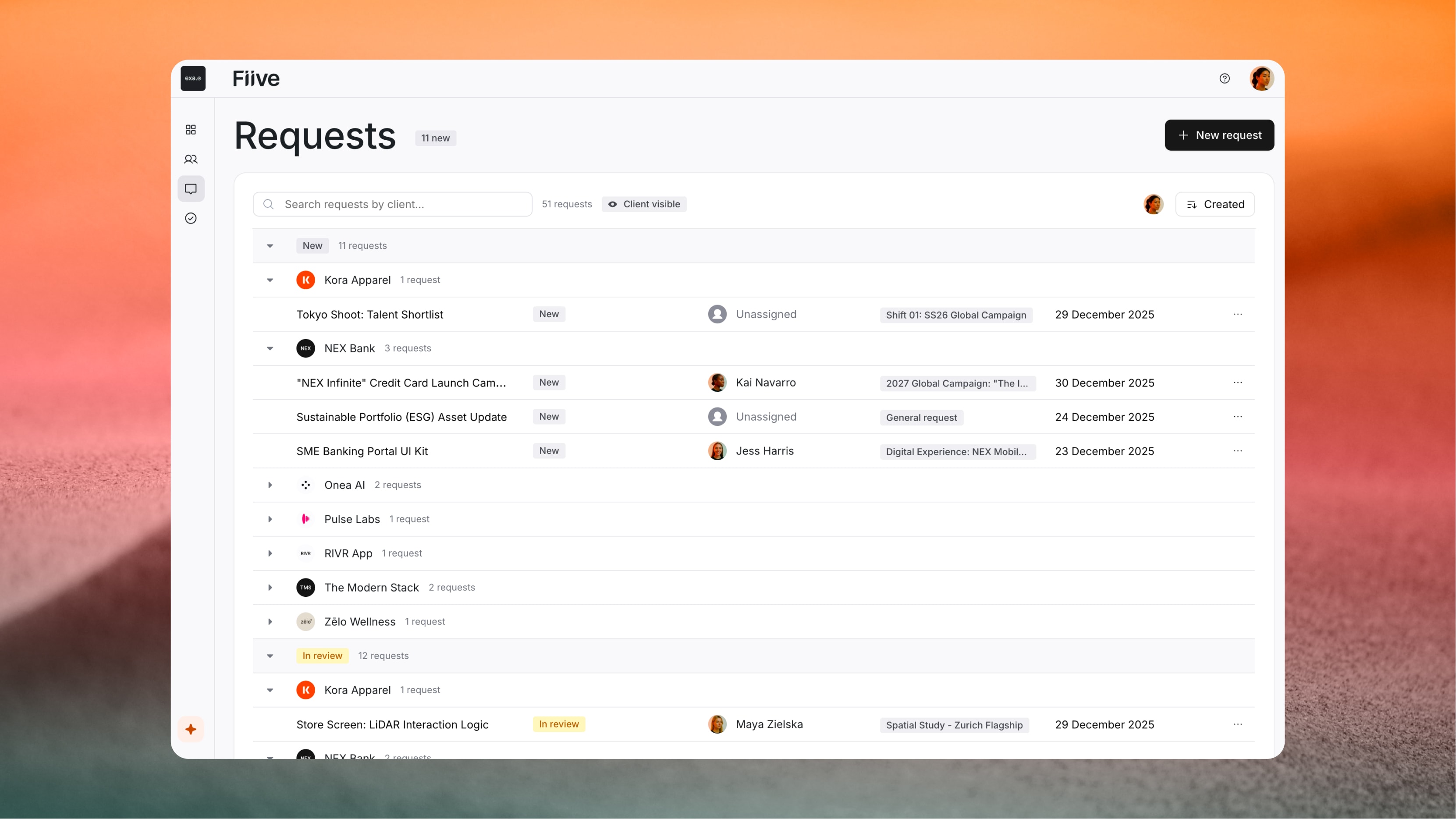 Fiive requests list grouped by status and client